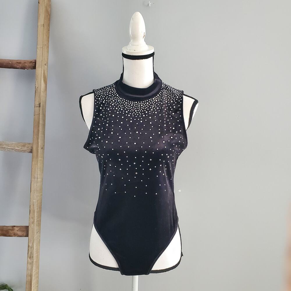 Women's Black Sleeveless Velour Bling Studded Mock Turtleneck Bodysuit Size L